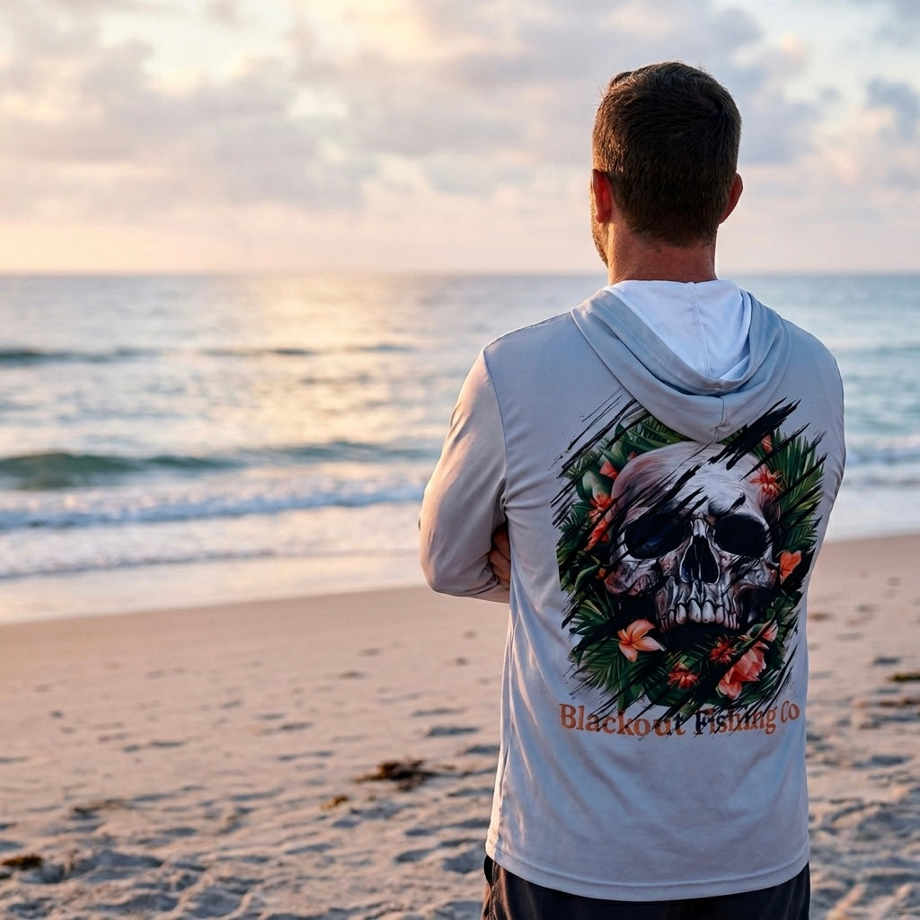 Men's Performance Hoodie (Grey) - UPF 50 Sun Protection with Skull & Foliage Back Graphic